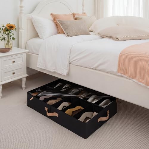 StorageWorks Shoe Organizer for Closet, Fits up to 24 Pairs, 2-Pack Ultra-thick Fabric Under Bed Shoe Storage Containers with Bottom Support and Adjustable Dividers, Black - color: Black, style: Adjustable Divider