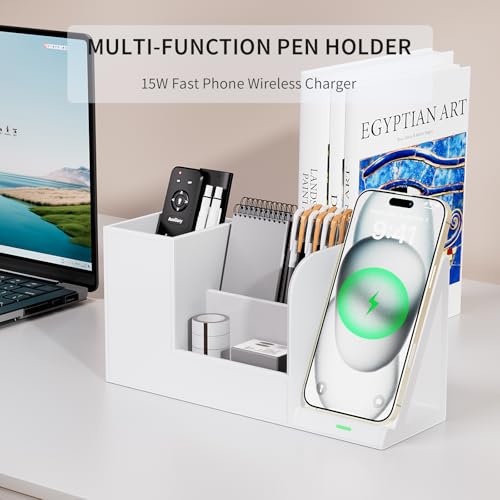 Multi-Functional Pencil Holder for Desk, Desk Organizers and Accessories with 4 Compartments for Office Art Supplies,Desk Phone Stand Charger for Desktop/Counter,Wihte Office Storage for Pens, Keys - color: White, size: L