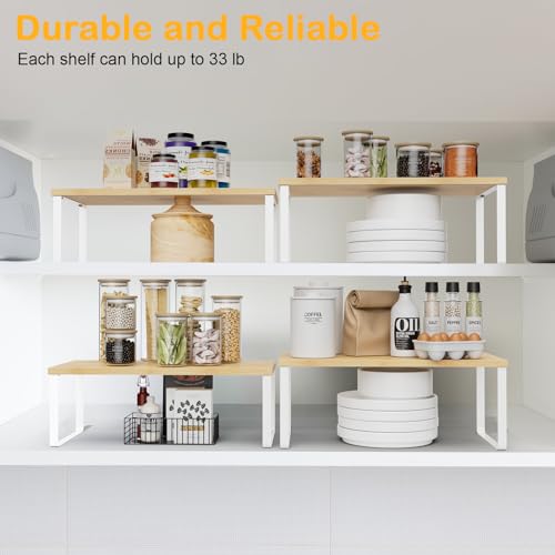 OGEMXU Cabinet Shelf Organizers, 15.7 inches Large Kitchen Counter Shelf, Set of 4 Wood Kitchen Pantry Organizer, Storage Shelves for Countertop, Spice Rack, Stackable, Expandable, Metal White, Nature - color: White and Natural Beige, size: 4pcs 7.8" D x