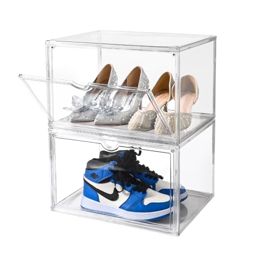 Clear Shoe Organizer,Stackable Shoe Display Case,Shoe Box Storage Bins with Magnetic Door,Fit Shoe Size Up to US 14 (X-Large-2Pack) - size: X-Large-2Pack