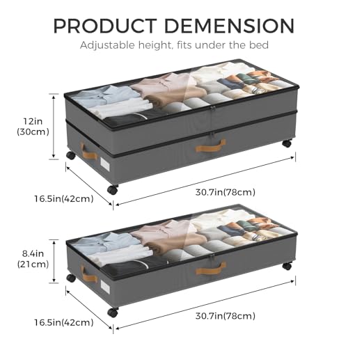 Under Bed Storage with Wheels 4-Pack, 75L XXL Under the Bed Storage Containers Large, 12" Tall Adjustable Storage for Underbed with Lids, Rolling for Shoes, Clothes, Blankets (4PCS-Grey) - color: 4PCS-Grey
