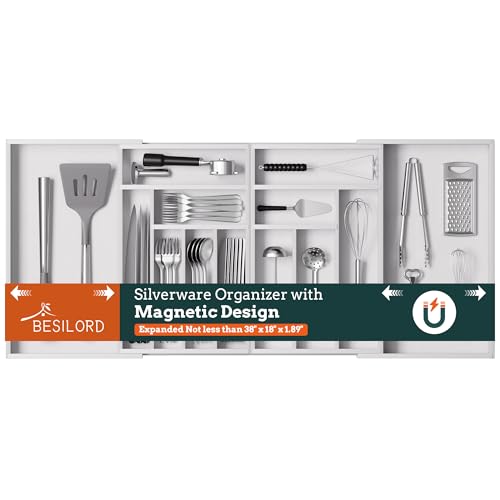 Silverware Organizer Large, Magnetic Connected Expandable 13 Slots Silverware Drawer Organizer from 21 to 37.4 Inches, Adjustable Flatware and Cutlery Holder, Bamboo Utensil Tray for Kitchen White - color: White, size: 13 Slots
