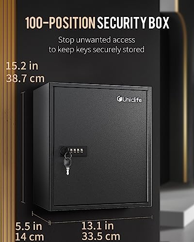 Uniclife 100 Position Slotted Key Cabinet with Combination & Key Lock Resettable Black Digital Security Storage Box Steel Key Organizer with Slotted Racks White Key Tag Labels and Permanent Pen - color: Black, size: 100 Keys