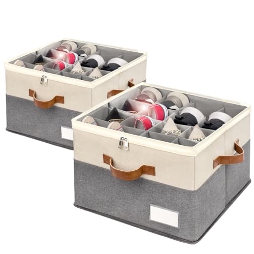 Shoe Organizer for Closet, Foldable Shoe Storage Bins with Clear Cover, Space Saving Shoes Holder with 4 Handles, Large Adjustable Shoe Box Storage Containers, Fits 8-16 Pairs, 2 Pack, Beige - color: Beige and Grey, size: (2 Pack) 17"L x 17"W x 12 ½"H