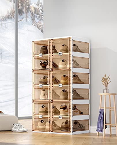 ANTBOX Foldable Shoe Rack,Shoe Organizers for Closet Plastic Shoe Storage Box For Entryway,Living Room,Large Sturdy Stackable Sneaker Cabinet Bins With Magnetic Clear Door 6 Tiers 12 Pairs - color: Brown, size: 6 Tiers 12 Pairs