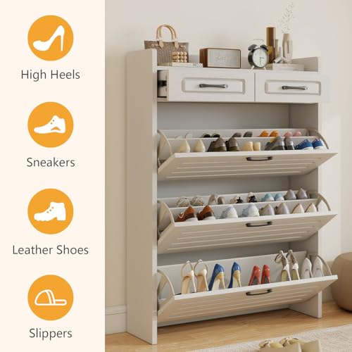 Lakifun Shoe Cabinet for Entryway, Narrow Shoe Storage Cabinet with 3 Flip Drawers and 2 Top Drawers, Modern Shoe Rack Organizer Cabinet for Hallway, Apartment, Living Room, White - color: White