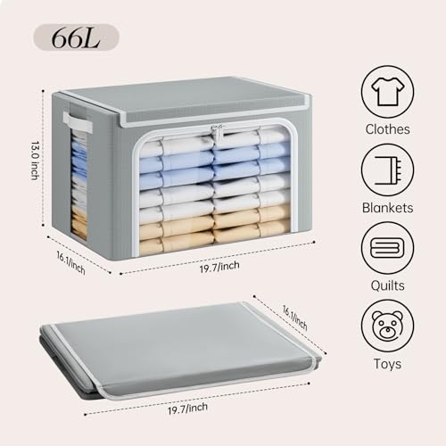 Yecaye Large Clothes Storage Bins with Metal Frame, Foldable Clothing Storage Bin with Lid, Stackable Oxford Fabric Organizer Box With Clear Window & Zippers & PU Leather Handles (3 Pack, Grey, 66L) - color: Grey, size: 66L Large(3 Pack)