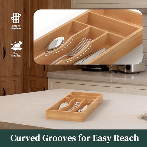 Silverware Organizer, Bamboo Kitchen Drawer Organizer, Utensil Holder, Cutlery Tray & Spoon Flatware Storage with Grooved Drawer Dividers (6.7''W x 15.5''D) - color: Natural, size: 6.7''W x 15.5''D