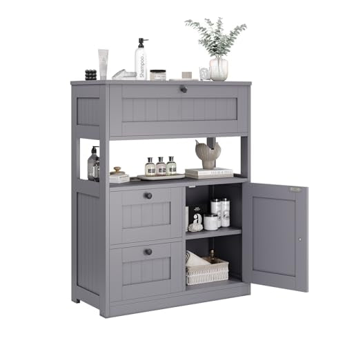 GRUSIGN Bathroom Cabinet, Modern Bathroom Floor Storage Cabinet Organizer with 1 Door and 3 Drawers, Freestanding Cupboard for Kitchen/Living Room Use - color: Grey