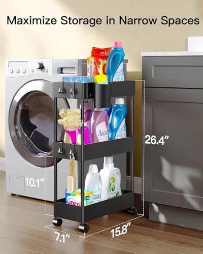 Pipishell Slim Storage Cart with Wheels - 3 Tier Bathroom Organizers and Storage Cart - Rolling Carts for Bathroom, Kitchen, Narrow Space, Laundry Room,Black - color: Black, size: 3-Tier