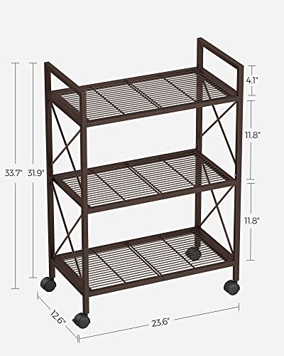 SONGMICS 3-Tier Metal Storage Rack with Wheels, Mesh Shelving Unit with X Side Frames, 23.6-Inch Width, for Entryway, Kitchen, Living Room, Bathroom, Industrial Style, Metallic Bronze UBSC163A01 - color: Metallic Bronze, size: 23.6"W