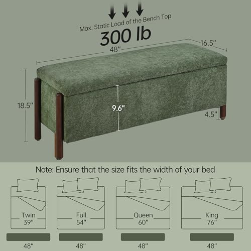 Usaint Wooden Storage Ottoman Bench, 47" Fabric Upholstered End of Storage Bench with Rubberwood Legs, Entryway Bench with Storage for Bedroom, Living Room, Reception, Cloakroom, Green - color: Green