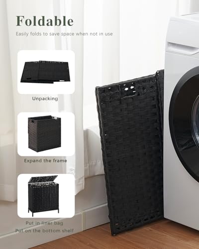 SETVSON Laundry Hamper with Lid 132 L, (35 Gallons) Clothes Hamper with Lid, Handwoven Rattan Laundry Hamper with Metal Heightened Feet, Laundry Hampers with 3 Removable Liner Bags for Laundry-Black - color: Black, size: 132 L - 35 gal