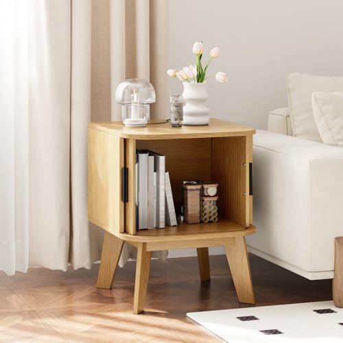 Fluted Nightstand with Sliding Tambour Doors, Curved Edge Wood Bedside Table for Bedroom, Side Tables with Storage for Living Room (1, Square - Oak) - color: Square - Oak