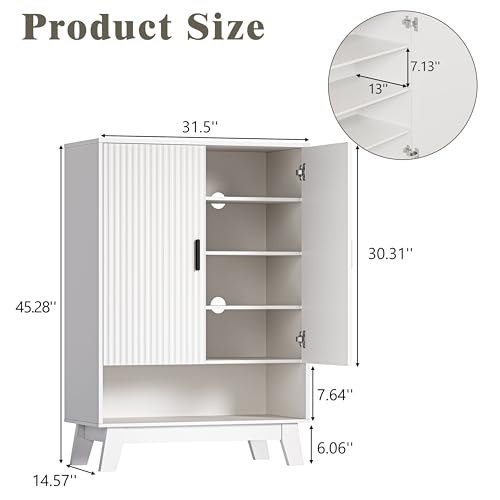 Shoe Cabinet Storage for Entryway, 5 Tier Fluted Shoe Storage Cabinet with Wooden Legs, Narrow Hidden Shoe Organizer with Adjustable Shelves, Freestanding Shoe Rack for Entryway, Hallway, White - color: White, size: 5 Tier