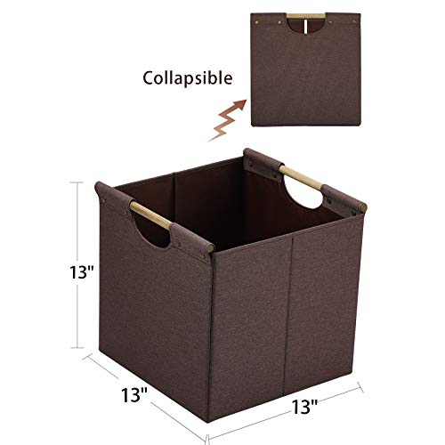 HOONEX Collapsible Storage Bins, 13x13x13 Inches Storage Cubes Linen Fabric, 3 Pack, Storage Baskets with Wooden Carry Handles and Sturdy Heavy Cardboard, for Home, Office, Car, Nursery, Brown - color: Brown, size: 13" L x 13" W x 13" H