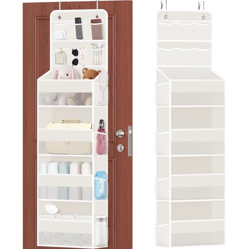 SpaceHacks 6-Tier Over the Door Organizer with Mesh Pockets, Baby Nursery Storage for Closet, Bathroom and Bedroom, Adjustable Hanging Closet Organizer for Cosmetics, Books and Essentials (Beige) - color: Beige, size: 6-Tier