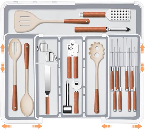 Homecor Large Utensil Organizer for Kitchen Drawer, Expandable Silverware Drawer Organizer Cooking Tray, Cutlery and Flatware Utensil Holder Kitchen Spatula Tools Storage with 3 Dividers, Grey - color: Grey