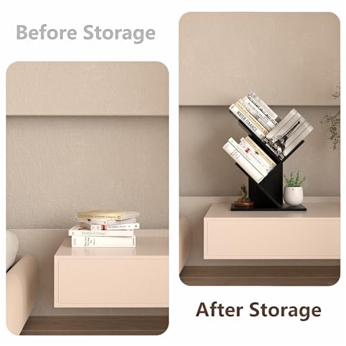 R RUISHENG 3 Tier Small Tree Bookshelf Storage Organizer Shelves Floor Standing Bookcase Desk Wood Storage Rack for Home Office Living Room Bedroom Display for Book Magazine CD Manga Black - color: Black