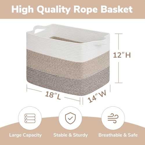 Goodpick Large Storage Basket, 18"x14"x12" Cotton Rope Organizer for Blankets, Toy Baskets Storage Kids, Rectangle Woven Basket for Living Room, Bedroom, Gradient Brown - color: Gradient Brown, size: 18"L x 14"W x 12"H