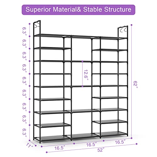 Kottwca Shoe Rack Organizer, Large Shoe Rack for Entryway Closet, Metal Shoe Shelf for Shoes and Boots, Big Non-Woven Fabric Shoe Storage Organizer with Hooks for Cloakroom, Black… - size: 3 Row 9 Tier-1
