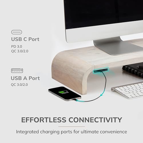 Anji Mountain Wood Monitor Stand Riser Desk Desktop Organizer Table for Home, Office Workspace, Laptop Riser, Ergonomic Design Stand for Gaming Setup, with Power Source, White Wash - color: White Wash, size: Basic Stand With USB Ports
