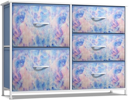 Sorbus Kids Dresser with 5 Drawers - Storage Chest Organizer Unit with Steel Frame, Wood Top & Handles, Tie-dye Fabric Bins for Clothes - Wide Furniture for Bedroom Hallway Kids Room Nursery & Closet - color: Blue Tie Dye, style: 5-Drawer