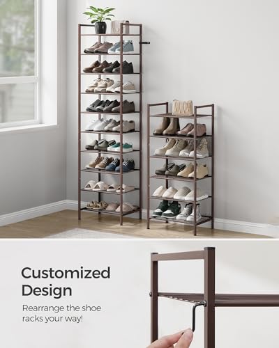 SONGMICS Narrow Shoe Rack - Sturdy 8 Tier Metal Tall Shoe Rack Shelf, Slim Shoe Storage Organizer for Closet Entryway Small Spaces, Bronze, 12"D x 17.6"W x 50.6"H - color: Bronze