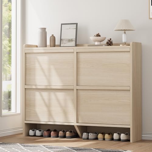GarveeHome Shoe Cabinet with 4 Flip Drawers, Wooden Shoe Organizer Cabinet with Adjustable Shelf, Shoe Storage for Entryway, Hidden Shoe Cabinet for Hallway, Living Room, Natural Oak - color: Natural Oak, size: 4-Drawers