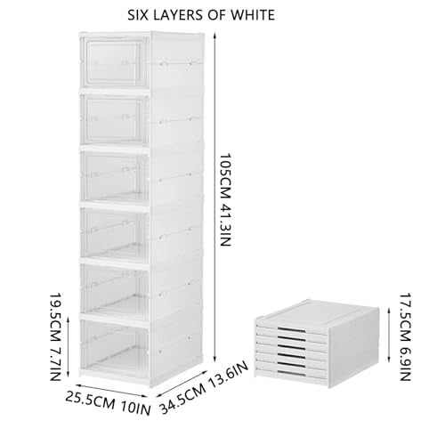 Foldable Shoe Rack,No Assembly Stackable Shoe Storage Box with Doors,Free Standing Plastic Space Saving Shoe Cabinet Bins Dustproof,Folding Shoe Box Organizers (6 Tier-6 Pairs White) - size: 6 Tier-6 Pairs White