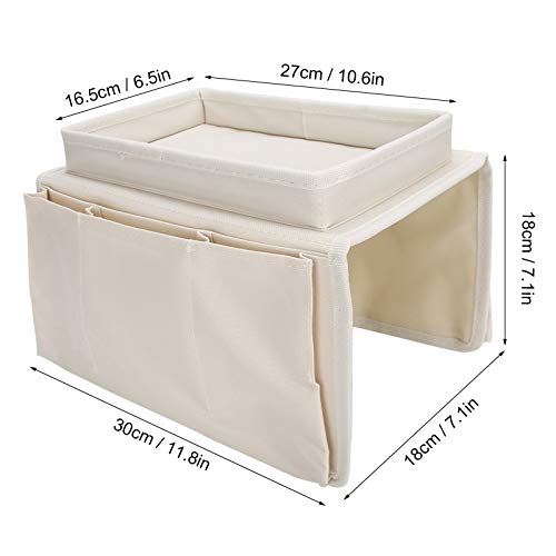 Sofa Armrest Organizer with Cup Holder Tray,4 Pockets Armchair Caddy Bedside Storage Pockets Bag 11.8x7.1x7.1inch TV Remote Control Organizer Armchair Couch Bag (Beige) - color: Beige