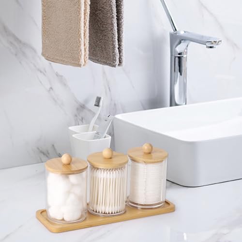 Tbestmax 10 oz Qtip Holder with Vanity Tray, 3 Pack Cotton Swab/Ball/Pad Dispenser Apothecary Jar, Clear Bathroom Containers Dispenser for Storage Bamboo Lids - color: Group B-Beige Bamboo
