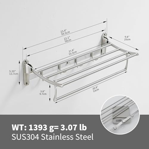 BESy 24 Inch Brushed Nickel Towel Racks, Bathroom Towel Shelf with Foldable Towel Bar Holder and Towel Hooks, Wall Mounted Multifunctional Bathroom Accessories, Double Towel Bars - color: Brushed Nickel