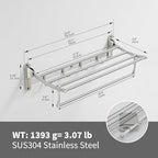 BESy 24 Inch Brushed Nickel Towel Racks, Bathroom Towel Shelf with Foldable Towel Bar Holder and Towel Hooks, Wall Mounted Multifunctional Bathroom Accessories, Double Towel Bars - color: Brushed Nickel