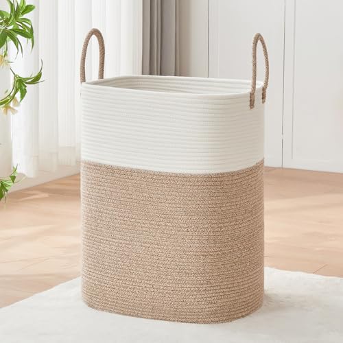 AINUOQI Laundry Basket with Handles - Blanket Basket & Hampers for Bedroom Aesthetic, Laundry Hamper & Blanket Storage for Living Room, Clothes Hamper, Tall, Large 17" x 14" x 26”, White & Rice Brown - color: White & Rice Brown, size: 85L