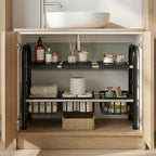 Under Sink Organizers and Storage, 2 Tier 20.9"-34.6" Expandable Length with 3 Removable Baskets and 3 Removable Panels Expandable Shelf for Cupboard,Kitchen,Bathroom, Black