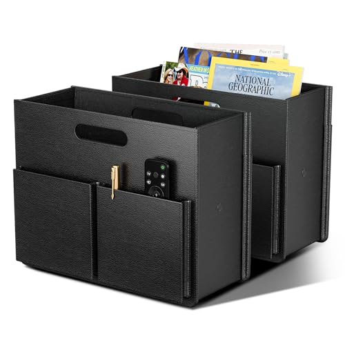 ABC life 2 PACK Magazine Basket Holder, PU Leather Foldable Magazine Rack, Document File Holder Organizer, Newspaper Book Storage Bin Organizer for Living Room Home Office, Balck - color: Black(2pc)