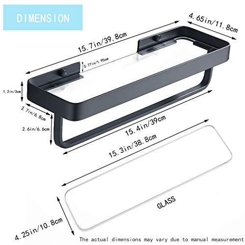 15.7 Inch Bathroom Tempered Glass Shelf with Towel Bar,Wall Mounted Aluminum Shower Organizer,Over Toilet Storage Cabinet,Matte Black,Kitchen Rectangular Vanity Rack - color: Matte Black