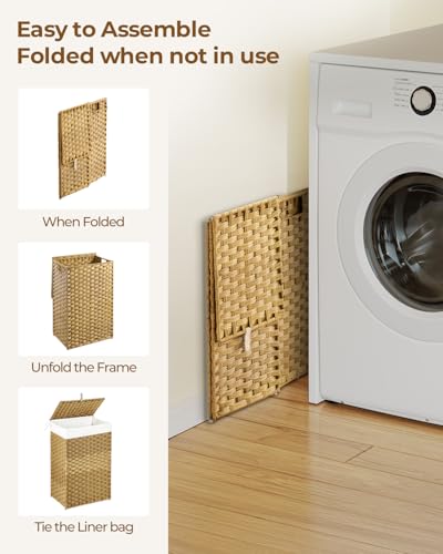 GREENSTELL Laundry Hamper with Lid, 60L Clothes Hamper with 2 Removable Liner Bags & 2 Mesh Laundry Bags, Handwoven Synthetic Rattan Laundry Basket for Clothes, Toys in Bathroom, Bedroom Natural - color: Natural, size: 60L (13.4 x 13.4 x 21.7 inches)