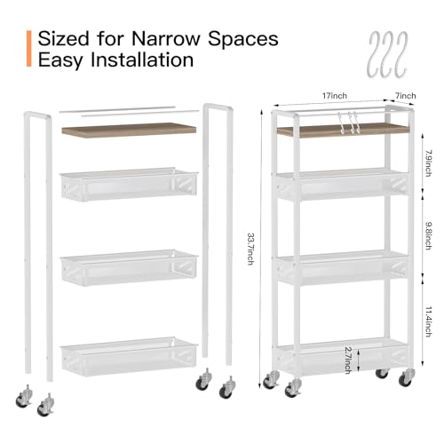 DGSNADGO Slim Rolling Storage Cart, 4-Tier Kitchen Cart on Wheels, Narrow Utility Cart with Handle and Wooden Tabletop for Small Space in Kitchen, Living Room, Bathroom, Laundry Room, Beige and White - color: Beige+white