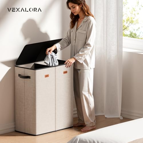 150L Double Laundry Hamper With Lid, Large Clothes Hampers with Removable Bag, Laundry Hamper 2 Section for Bathroom, Bedroom, Laundry Room, Dorm - color: Beige, size: 150L - 2 Section