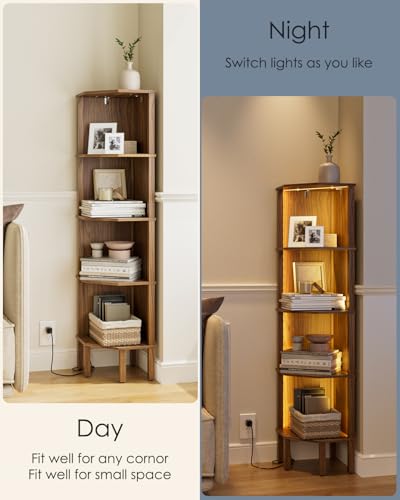 Corner Shelf Stand, 5 Tier Corner Bookshelf,Corner Furniture for Bedroom Display Corner Shelf for Small Space,Wood Shelves with Storage Rack for Living Room,Office,Walnut - color: Walnut
