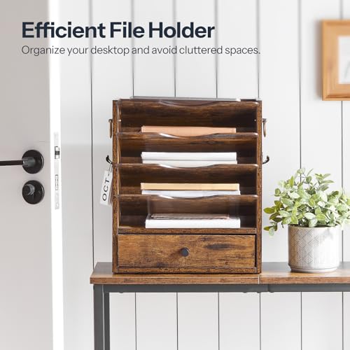 HOOBRO Wall File Organizer, Mail Organizer Wall Mounted, Wooden Literature Organizer, Construction Paper Organizer with Drawer Storage and 2 Hooks, for Office, Classroom, Home, Rustic Brown FG14WF01 - color: Rustic Brown