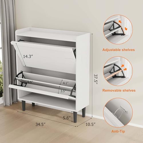 GarveeHome Shoe Cabinet with 2 Flip Drawers, Wooden Shoe Organizer with Adjustable Shelf, Shoe Storage for Entryway, Hidden Shoe Cabinet for Hallway, Living Room, White - color: White, size: 2-Drawers
