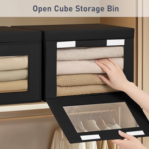 DIMJ Storage Bins with Lids - 6 Pack Large Fabric Closet Organizer with Window & Handles, Collapsible Decorative Storage Boxes for Shelves Under Bed, Books Clothes Blankets Sweaters Organization - color: Black, size: Large-6 Pack
