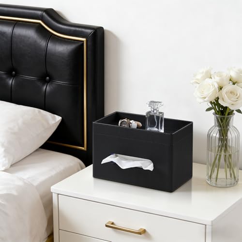 Plus Size Tissue Box Cover Rectangle, PU Leather Tissue Box Holder with Storage Tray, Decorative Organizer Tissue Holder for Bathroom, Bedroom Dresser, Night Stand, Office (Black) - color: Black