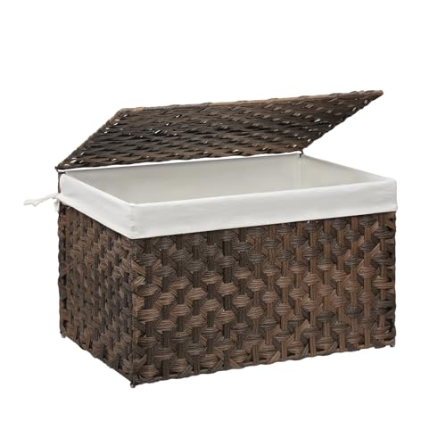 Wicker Storage Basket with Lid, 27.7 Gallon (105L) Large Blanket Basket with Lid, Woven Storage Bin with Handles, Removable Liner, Metal Frame, Foldable, for Bedroom, Laundry Room, Brown - color: Brown, size: 105L:15.7 x 26 x 15.7 Inches