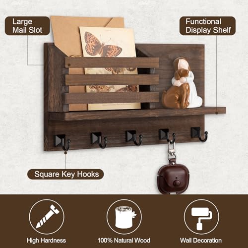 Key Holder Wall Mount, Mail Organizer for Wall with 5 Square Rustic Key Hooks Key Shelf Farmhouse Home Decor for Entryway - color: Brown