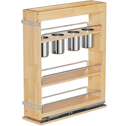 OCG 5" Pull-Out Solid Wood Storage Organizer for Base Cabinets, Soft Close 3 Tier Narrow Pull-out Wooden Storage Rack for Spices, Utensils, and Kitchen Tools - size: 5" W x 22" D Wood (3 tier)