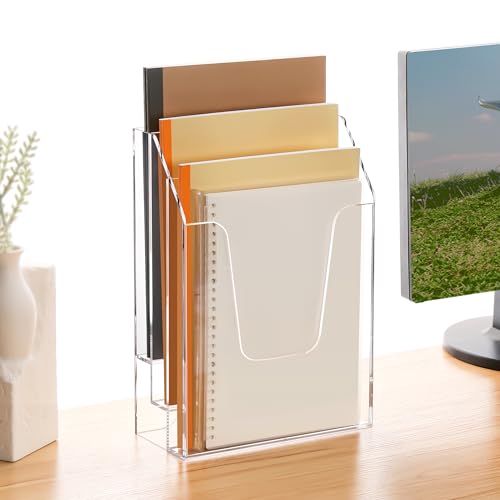 YUXUN Wall Mount File Organizer, Clear Acrylic File Holder for Desk, No Assembly Hanging Mail Organizer, Heavy Duty Document Sorter Magazine Rack for Office, Home, Classroom - size: 3 Staggered